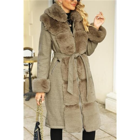 Women's Wool Pea Coat Faux Fur Jacket Winter Warm Parka Overcoat with Belt - Picture 2 of 8